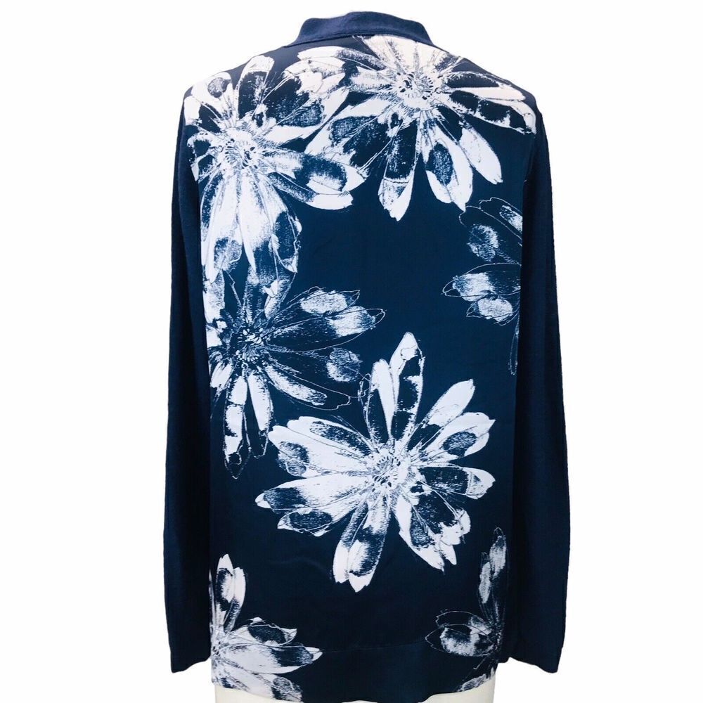 Donna Karan Cardigan Womens XS Oversized Linen Floral Button Front Sweater Navy